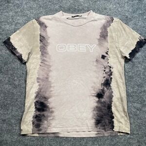 Obey Mens Large Tie Dye Graphic Logo T-Shirt Tan Grey Streetwear Skater Tee
